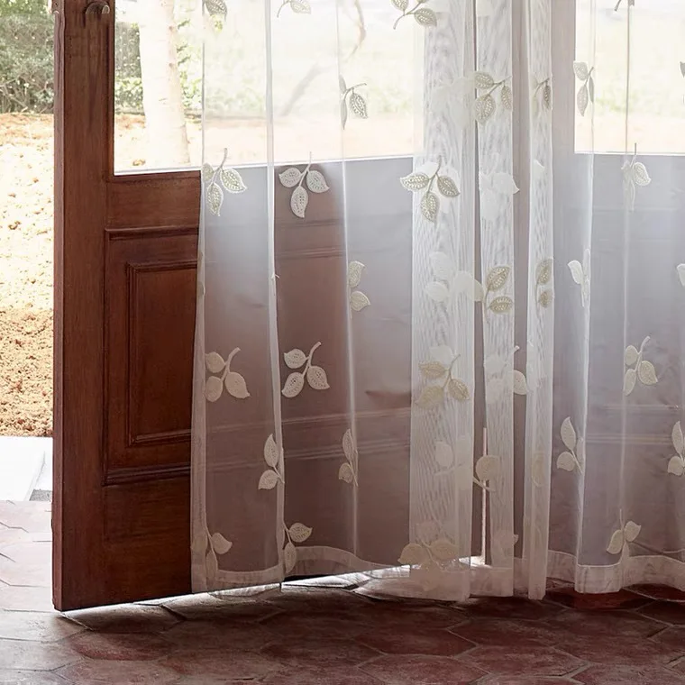 

American Country White Tulle Curtain Leaf Pattern Embroidery Window Screen Waste French Retro Living Room Bedroom Lace Drapery