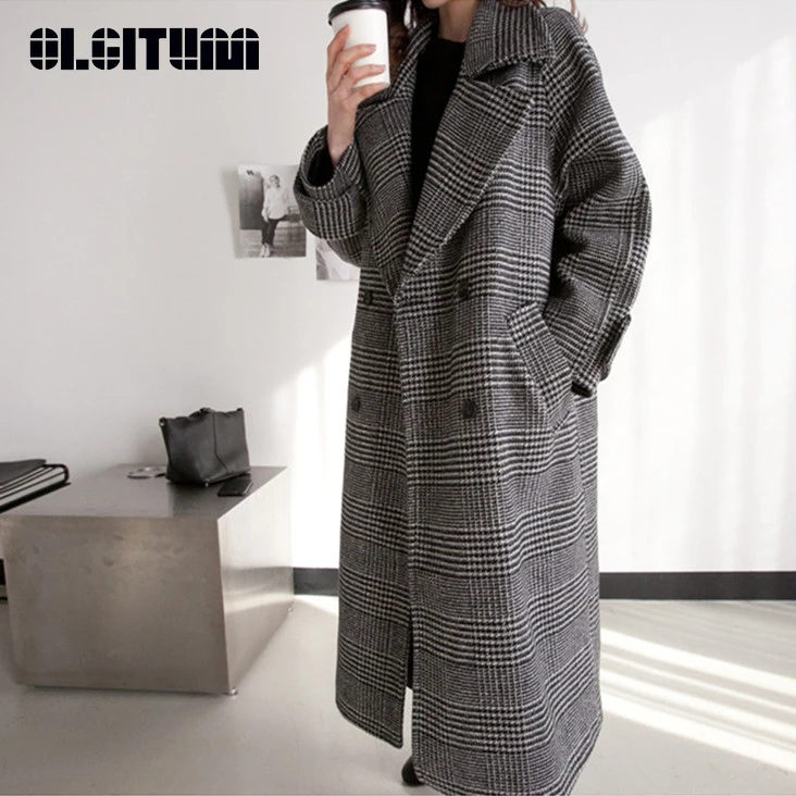 

2020 Women Chic Elegant Plaid Woolen Coat Streetwear Thick Warm Fashion New Long Plus Size Overcoat for Female