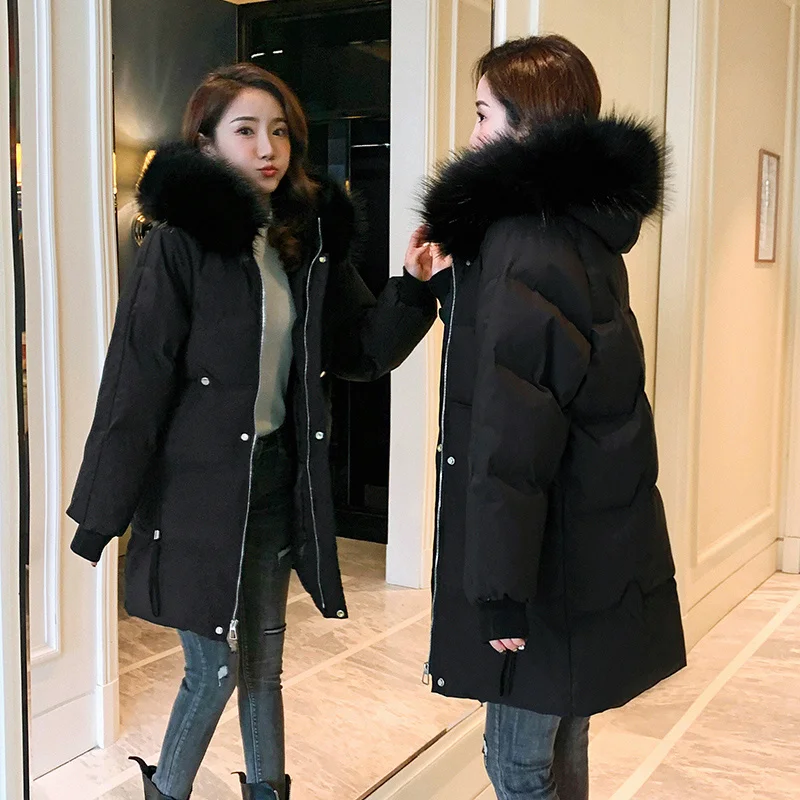 Winter Jacket Women Cotton Padded Long Warm Solid Ordinary Imitation Big Mink Fur Large Pocket Fashion Bubble Coat