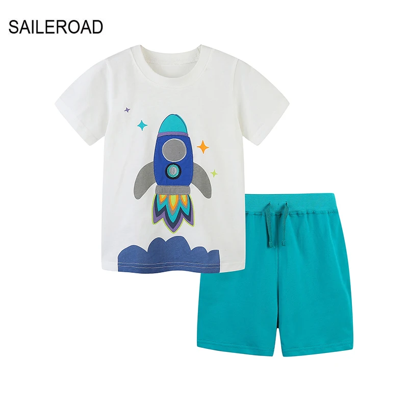 

SAILEROAD Summer Children's Clothes Boy Cartoon Rockets T shirts+Pants Kids Short Sleeves Clothing Set Teens Tracksuit