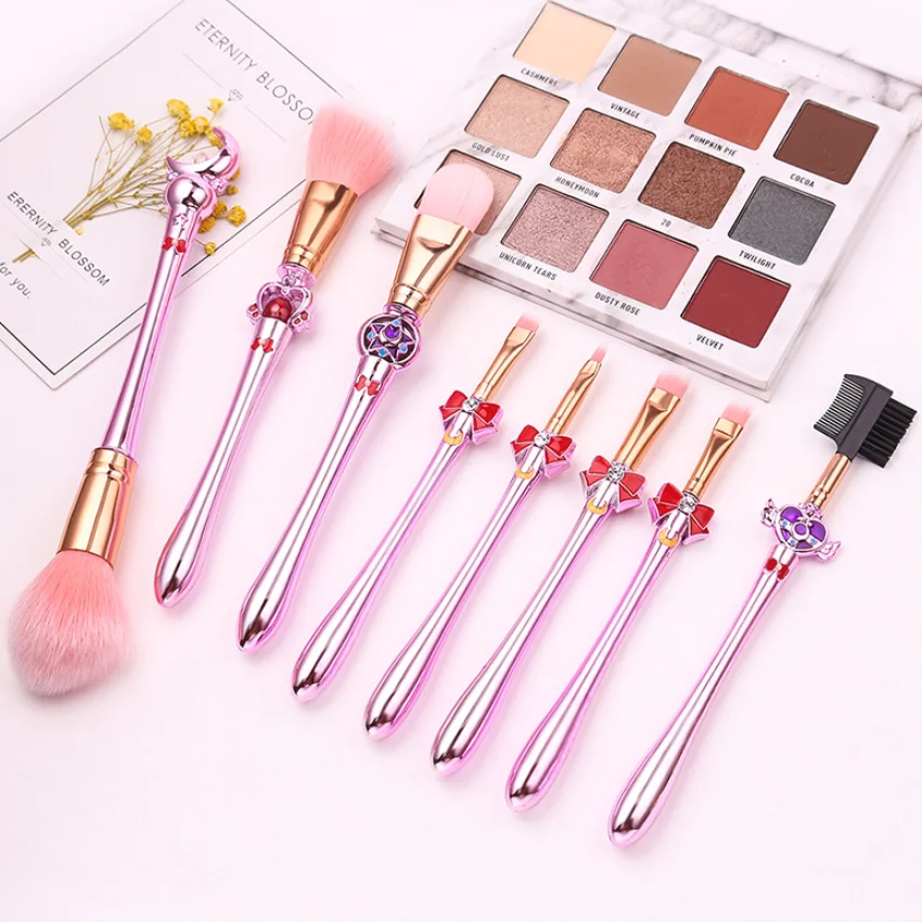 Hot Sailor Moon Cosmetic Makeup Brushes Set 8pcs Tools Kit Eye Liner Shader Foundation Powder Natural-Synthetic Pink Hair