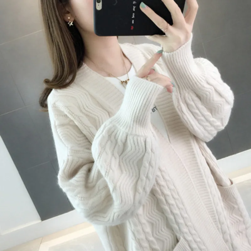 

2021 Spring Fashion Korean All-match Harajuku Solid Color Knit Temperament Sweater Mid-length Pocket Cardigan Jacket Women Loose