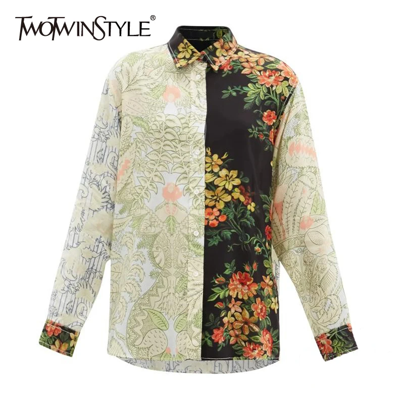 

TWOTWINSTYLE Casual Perspective Colorblock Floral Print Shirts Women Lapel Long Sleeve Korean Straight Summer Women's Blouse New