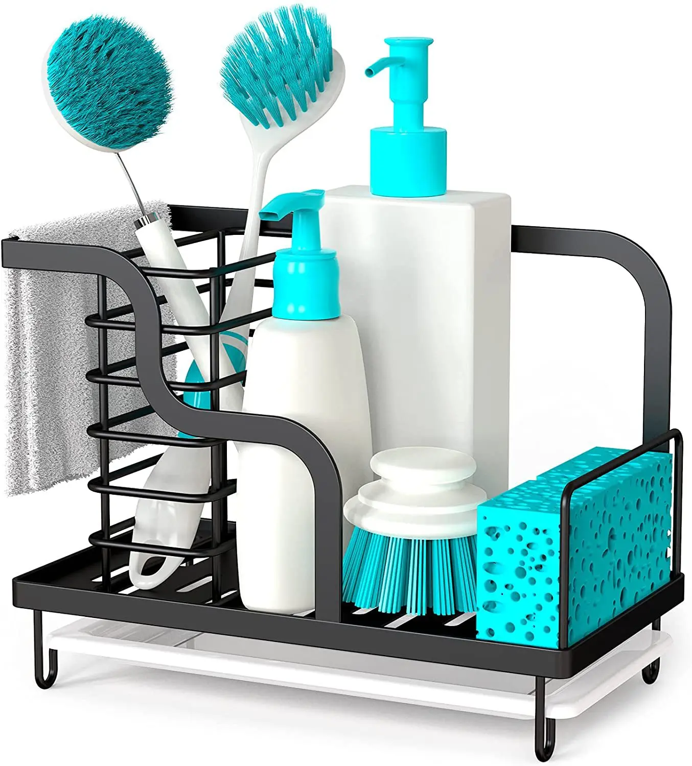 

Kitchen Sink Caddy Organizer Sponge Holder with Removable Drip Tray Brush Soap Dishcloth Storage Holder