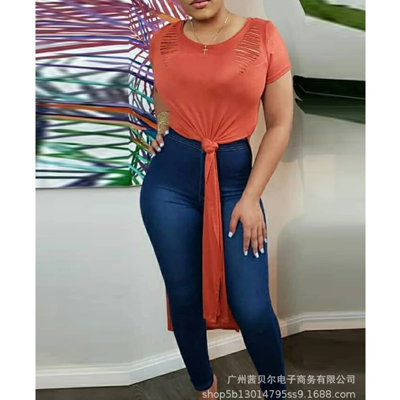 

WEPBEL Sexy Short Sleeve T-shirt Women's Casual Hole Hollow Out Slim T-shirt Summer O-Neck Solid Color Split T-shirt