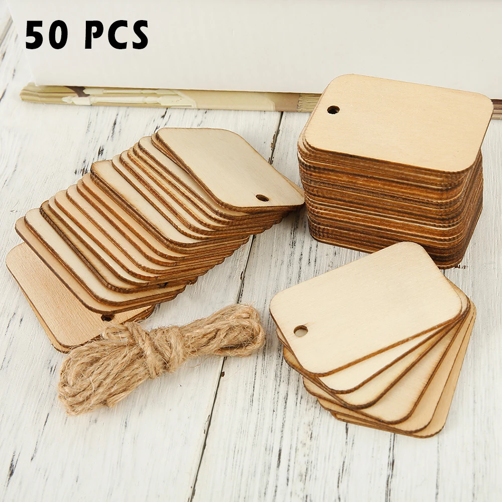 

50pcs Nature Wooden Label Blank Rectangle Wooden Hanging Tags Label Wood Slice Gift Tags With Hemp Ropes for Wedding Party Xmas