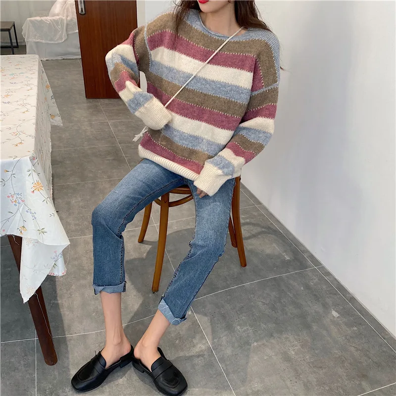 Новинка 2020 года пуловер в радужную полоску с круглым вырезом простой вязаный
