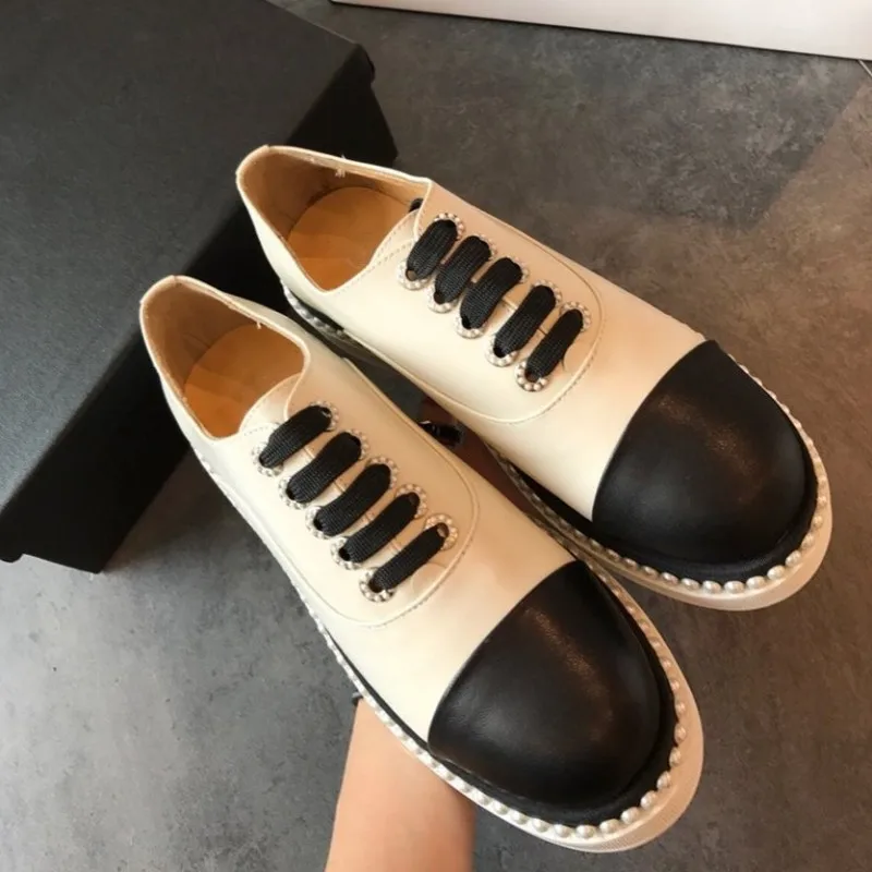 Euro Brand New Lace Up Pearls Womens Panelled Tweed Shoes Vintage Round Toe Thick Bottom Casual Female Platform Streetwear | Обувь
