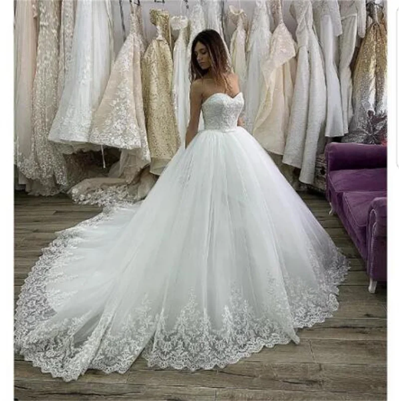 

11248 #Elegant Strapless Open Back Ball Gown Wedding Dress 2021 Sweetheart Lace Sweep Train Sleeveless Bridal Gowns