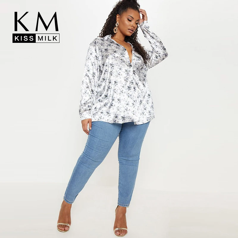 Kissmilk Spring New Fashion And Sexy Turn-down Collar Patterned Show Thin Rural Wind Large Size Soft Long Sleeve Shirt Women