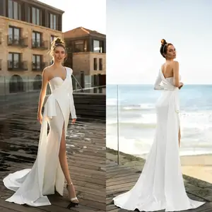 Plus Size Wedding Dresses Bridal Gowns One Shoulder Sequined Lining Illusion Wedding Gowns Long Sleeve Side Split Vestido De