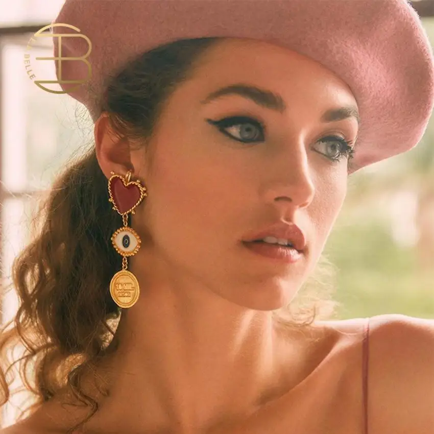 

2019 New Fashion Red Heart Evil Eye Coin Drop Earrings For Women Lady's Chic Vintage Exaggerate Statement Earring Gold Earring
