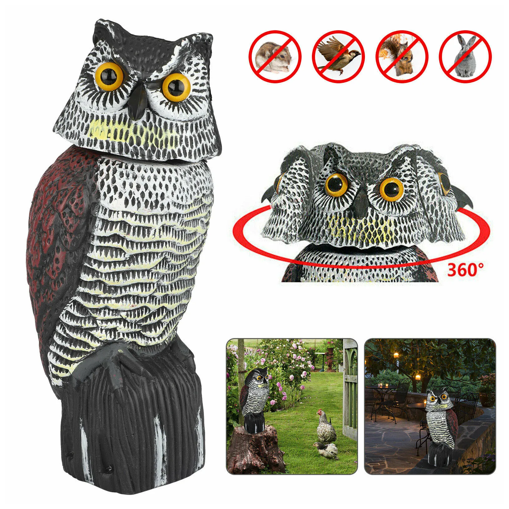 

Realistic Bird Scarer Rotating Head Sound Owl Prowler Decoy Protection Repellent Pest Control Scarecrow Garden Yard Rotating Mov