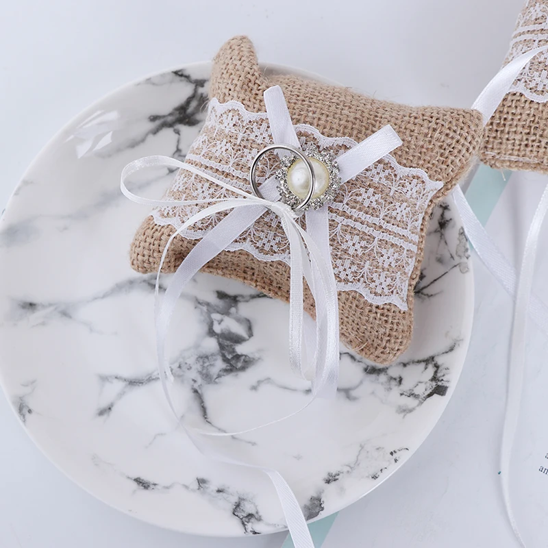 1 шт. кружевной бант кольцо Подушка Свадебная винтажная Мешковина джутовая