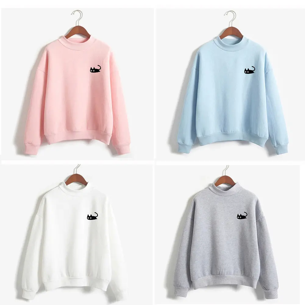 Embroidery Cat Printing Hoodies Sweatshirts harajuku Crew neck Sweats Women Clothing Feminina Loose Fleece Jumper Sweats Warm