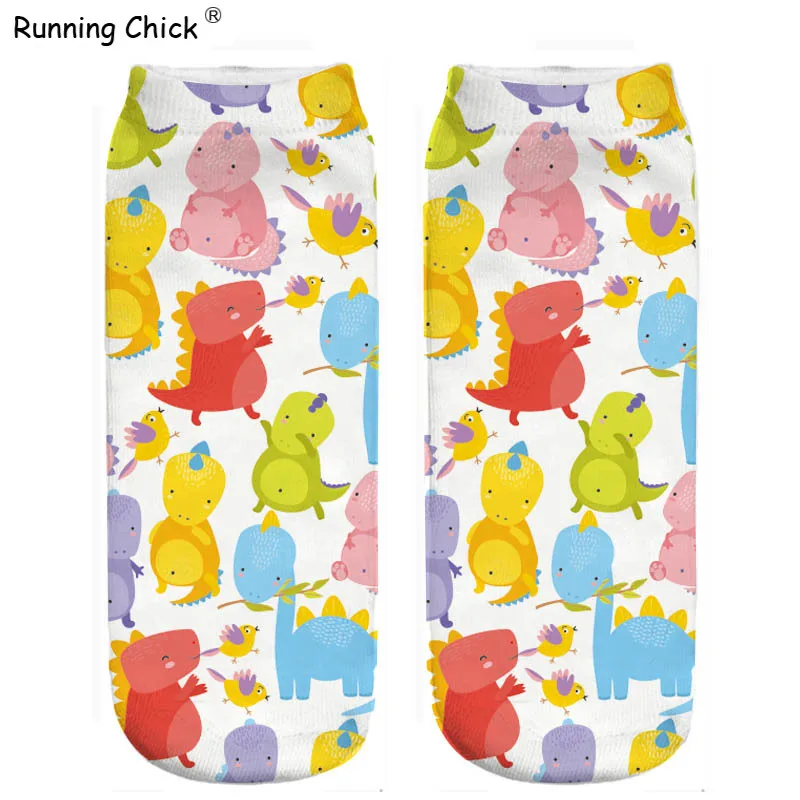 Цветные носки для бега с принтом динозавра двух сторон женские длиной 30 см