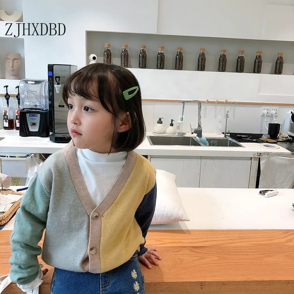 

Girls Sweater Coats Jackets 2020 Autumn Solid Color V-neck Button Knitted Cardigan Coat Kid Girl Children Clothes Tops Contrast