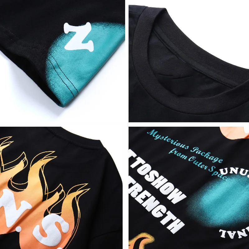 Оверсайз Футболка Мужская Хип-Хоп Уличная граффити Огонь Пламя Печать Harajuku