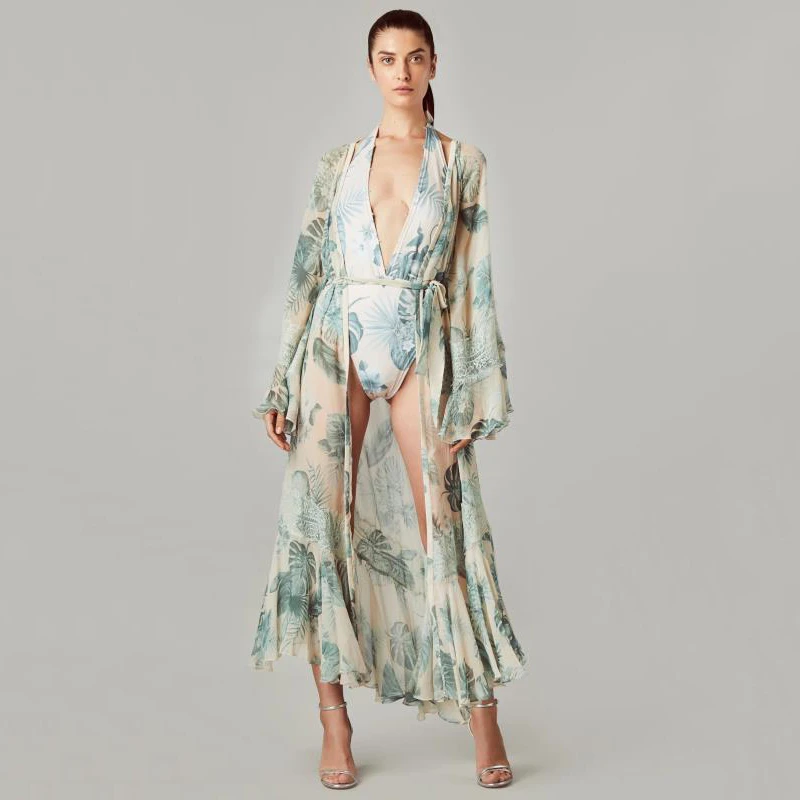 

Women Floral Printed Loose Chiffon Swimwear Cover Up Lady Summer Casual Long Sleeve Bikini Bathing Suit Cover-up Cardigan