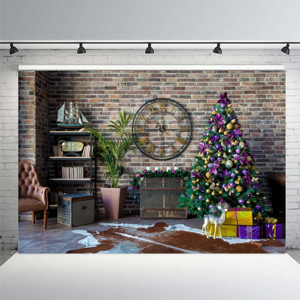

Фон для фотосъемки детей с изображением рождественской елки подарков оленя кирпичной стены