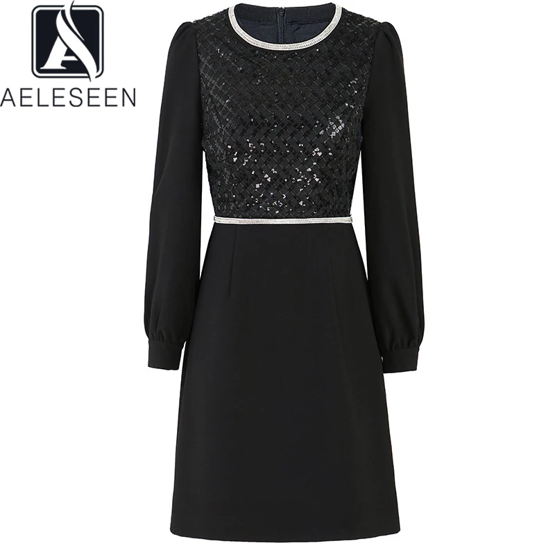 

AELESEEN 2022 Spring Runway New Dress Women Black Sequins Diamonds High Quality Elegant Slim Office Lady Dresses