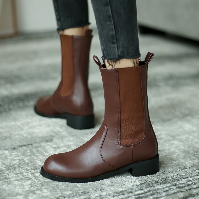 

2021 New fall Leather Women Ankle Boots Thick Heel Slip On Shoes Round Toe Warm Boots Women Fashion Party Footwear Size 32-43