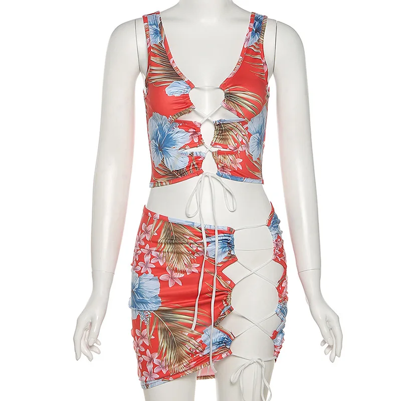 

Floral Print Cutout Lace Up Bandage Dress Sets Sexy Two Piece Set Crop Top and Mini Skirt Club Beach Outfits Dropshipping