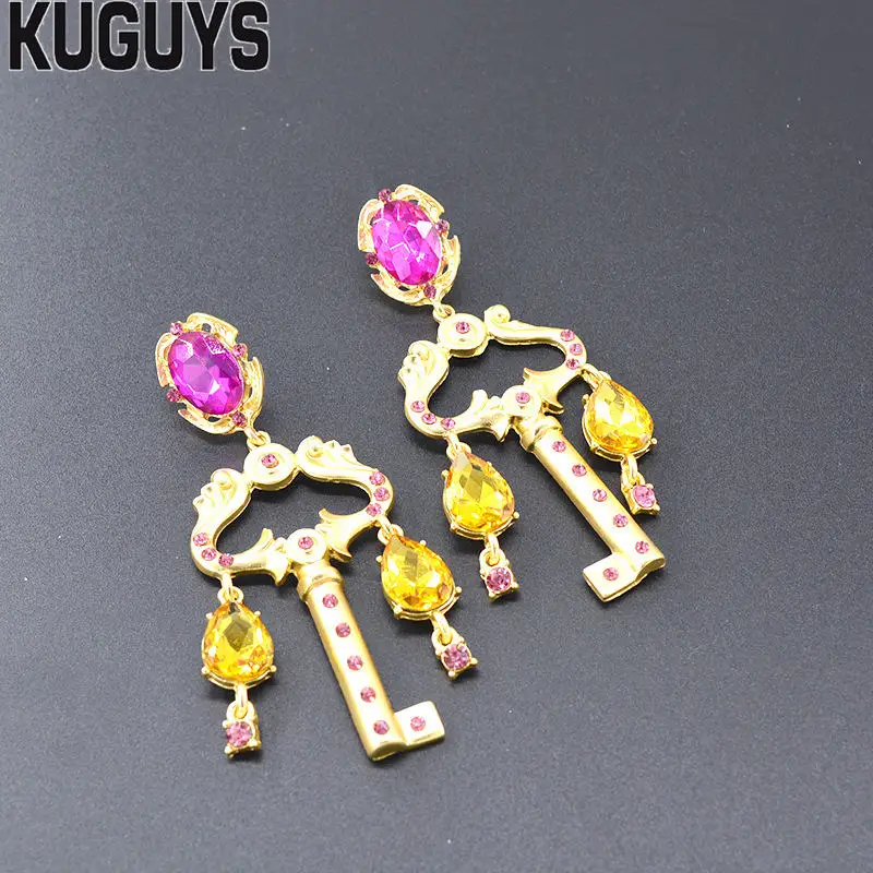 PINK KUGUYS барокко золотые ключики серьги для женщин модные ювелирные изделия Винтажные белые розовые кристаллы Висячие серьги вечерние свадебные аксессуары - Окраска металла: PINK