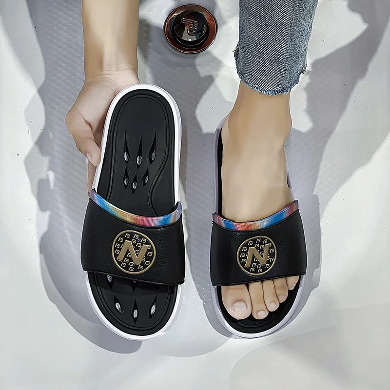 

CYYTL PU Leather Men Slippers Casual Outdoor Indoor Slides Home Shower Sandals With Drain Holes Bath Quick Drying Pool Shoes