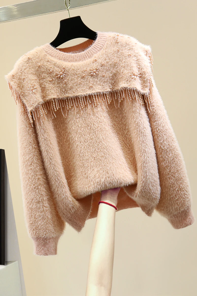 

Heavy Industry Bead Top 2020 Autumn Winter Tassel Mohair Long Sleeve Casual Sweater Female Pink Loose Knit Coat Student Sweaters