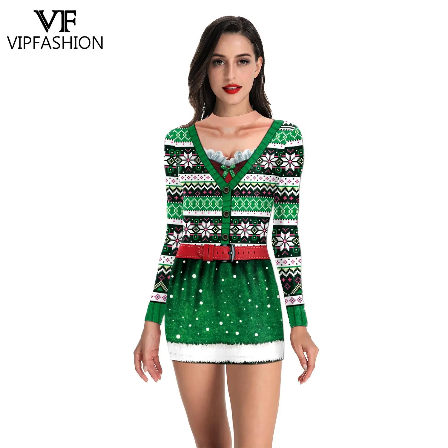

VIP FASHION Ugly Christmas Santa Claus Pritned Women Sexy New Year Party Dresses Elegant Tunic Vestidos Casual Long Sleeves