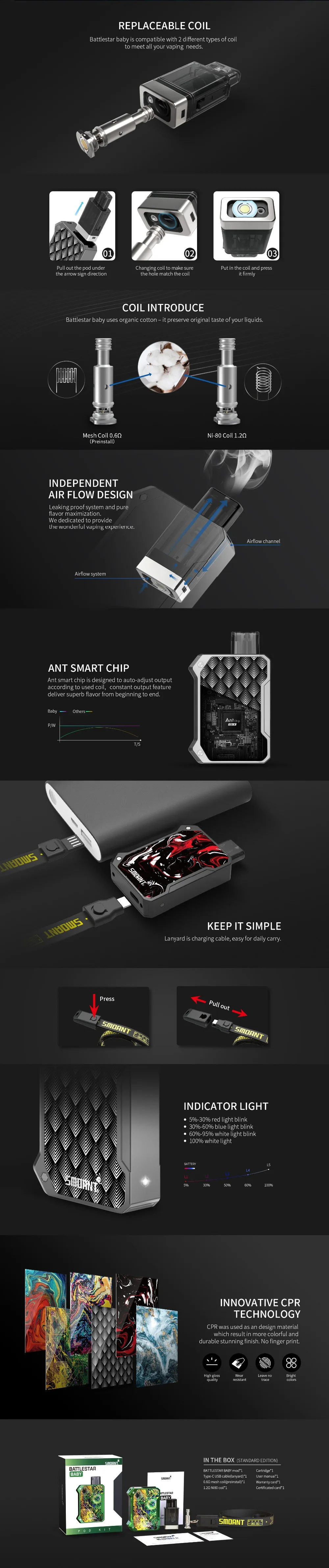 Smoant Battlestar Baby Pod vape комплект 750 мАч 15 Вт 2 мл pod с 0.6ом сетка/1.2ом Ni80 катушка электронная сигарета vs Pasito pod Комплект