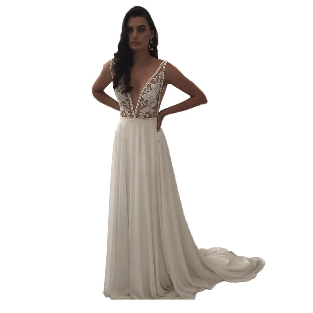 2020 сексуальные аппликации кружево богемные Свадебные платья с бисером открытая