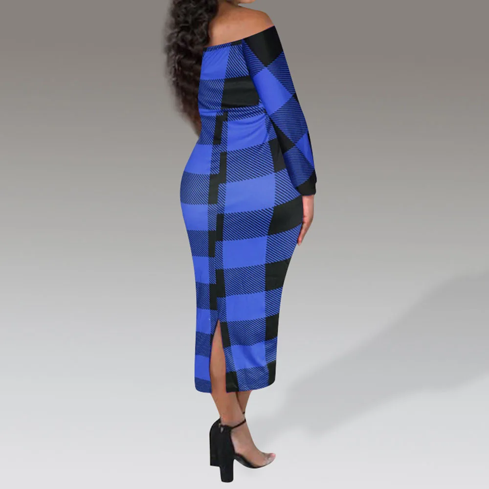 Blue Check Wrap Chest Dress Plaid Spring Autumn Casual Bodycon Midi Dresses Robe Slash Neck 2020 Summer Femme Vestiods | Женская одежда