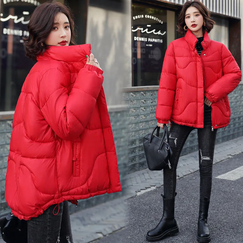 

2021 Winter Women Stand Collar Thick Warm Down Cotton Jacket Oversized Loose Short Casual Parkas Female Student Bread Coat T179
