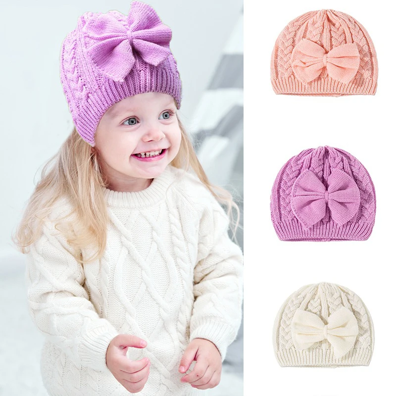 

Balleenshiny Child Knitted Woolen Hat for 0-3years Baby Girls Warm Cap for Autumn And Winter Tab Fashion Bow Solid Color Kawai