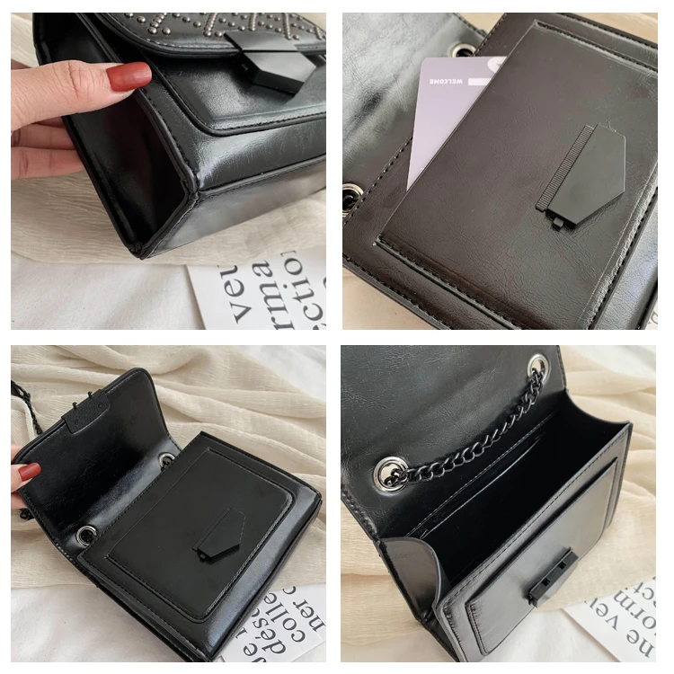

2020 Fashion Crossbody Woman Leather Chain Rivet Solid Color Shoulder Bag Flap Versatile Luxury Handbags Women Bags For Designer