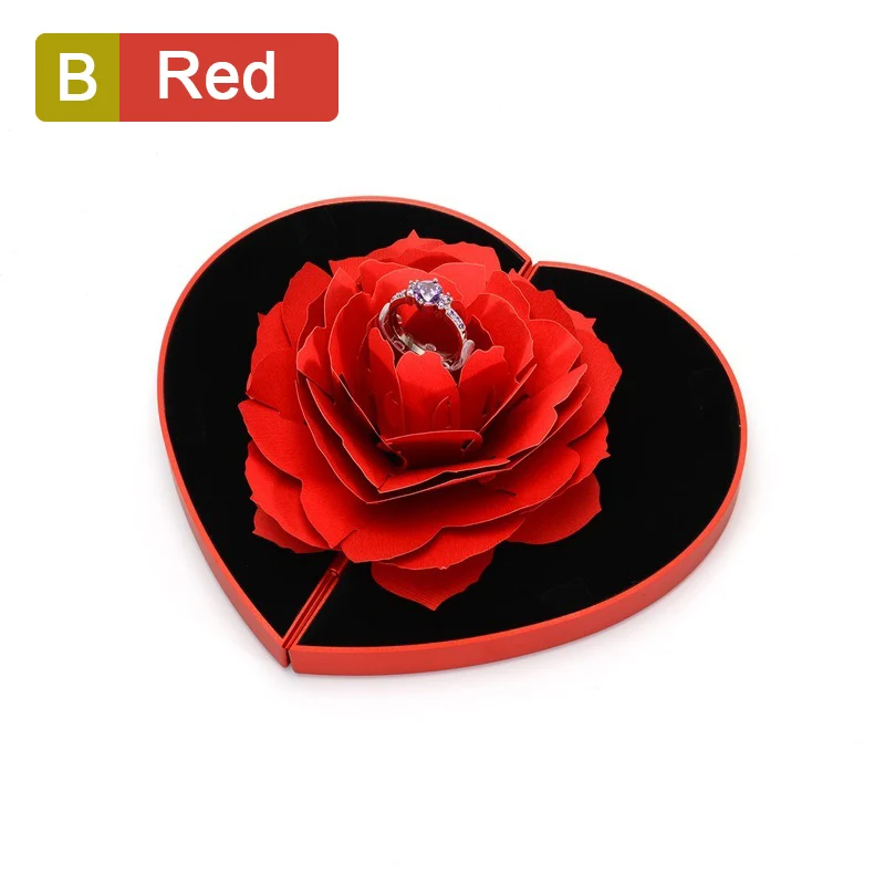 

3D Fashion Elegant Rings Joyful Red Box Wedding Engagement Case Rose Flower Gift For Love Jewelry Display Storage Holder