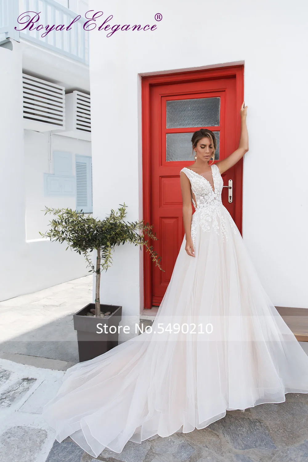 

Royal Elegance V Neckline Side V Cut Beaded Lace Applique Wedding Dress V Back Chapel Train Sleeveless Vestido Novias