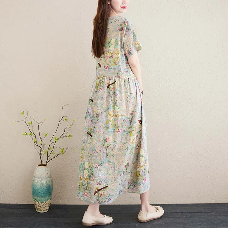 Платье женское хлопково льняное свободного кроя с V образным вырезом|Женские