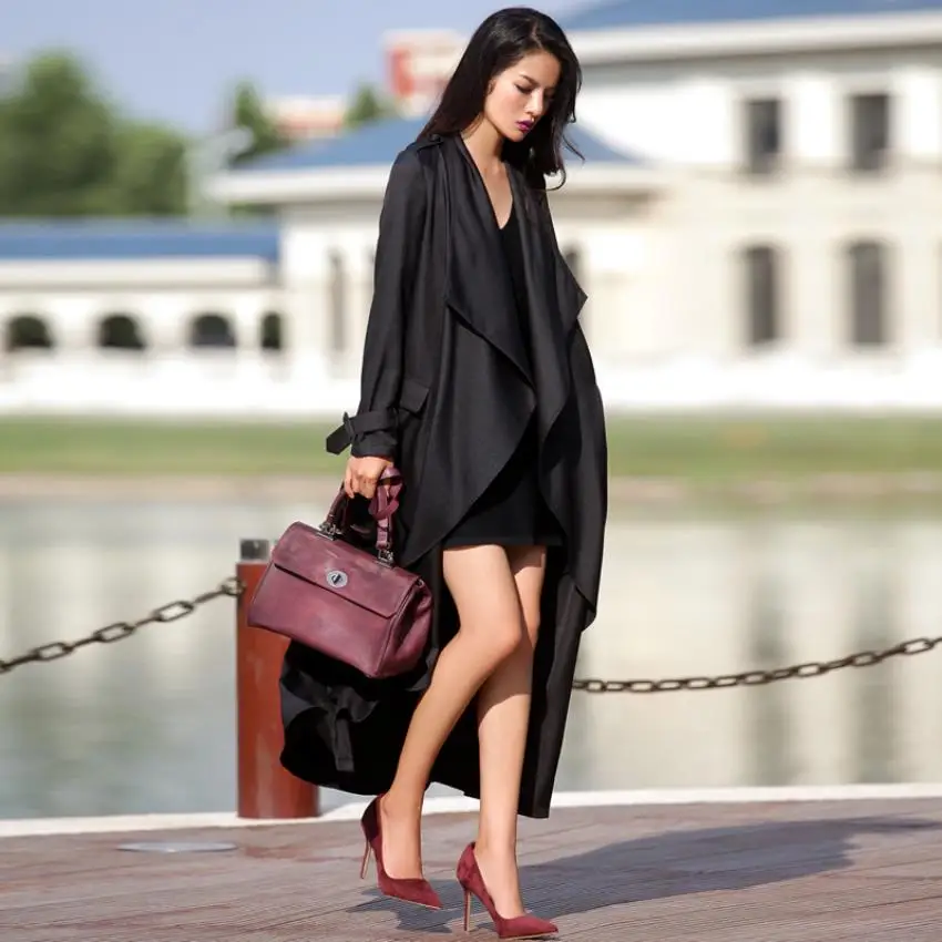 

Windbreaker women's longer new lapel long sleeve loose slim simple trench fashion wild temperament coat with belt F1365