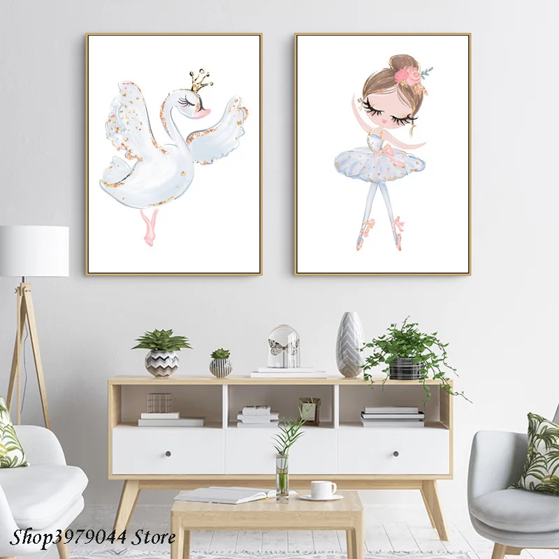 Nursery Cartoon Canvas Painting Girl Swan Minimalist Nordic Posters And Prints Wall Pictures For Baby Kids Room Decor Unframed | Дом и сад