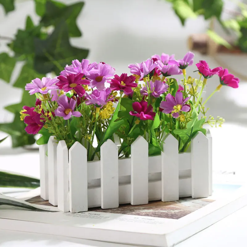 

White Fence With Artificial Flower Desktop Rectangular Creative Flower Holder Green Radish Small Potted Plants