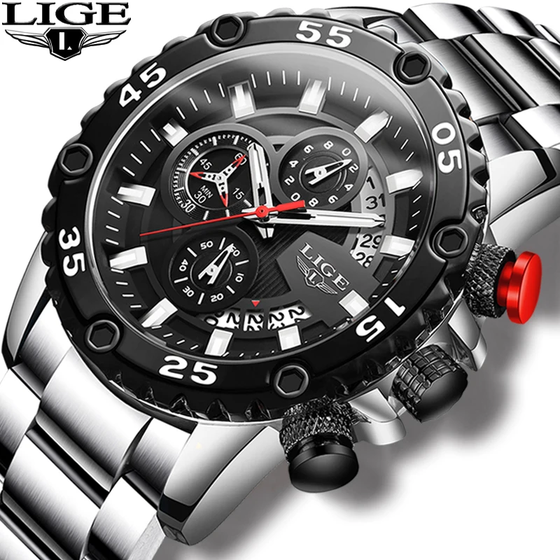 Часы наручные LIGE Мужские кварцевые брендовые Роскошные спортивные в стиле