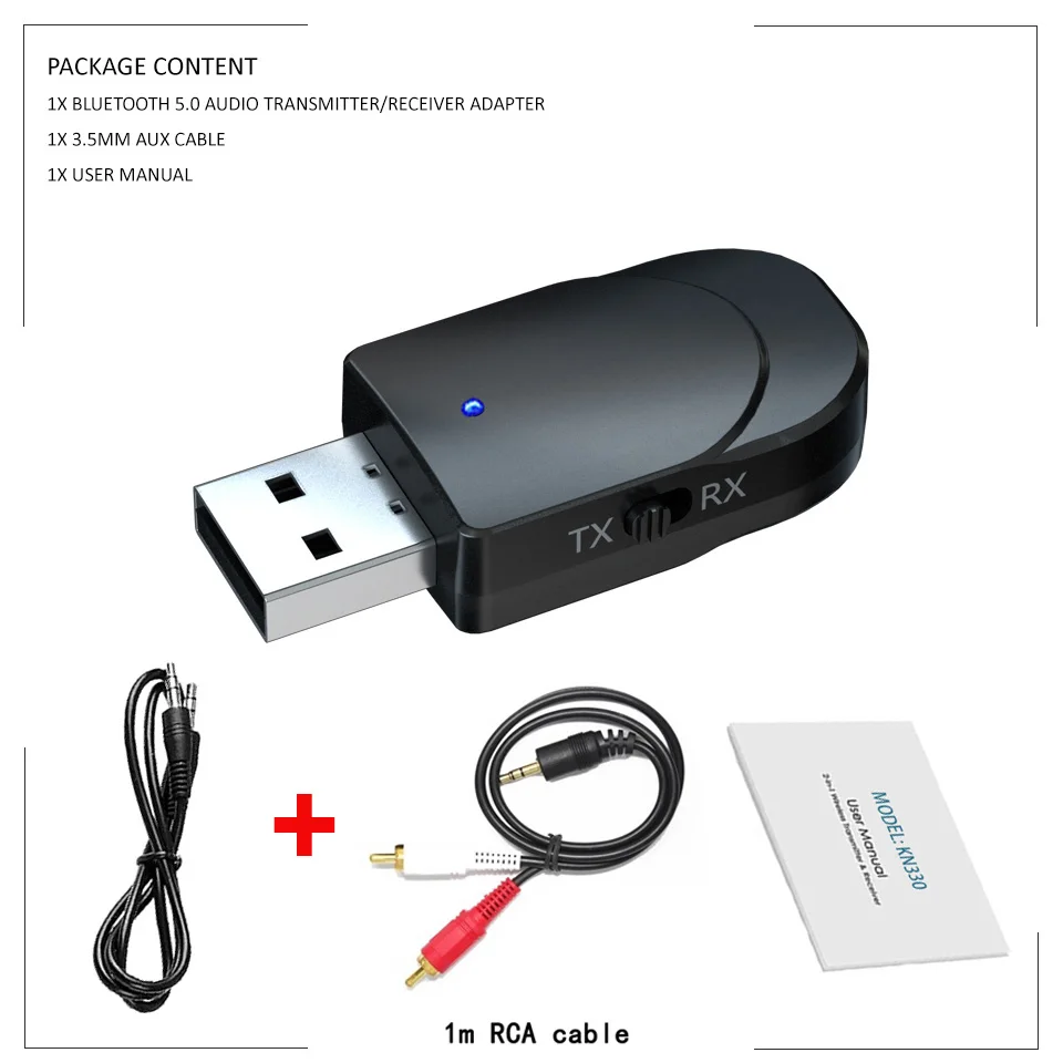KN330 With RCA Cable KN330 USB Bluetooth 5,0 передатчик приемник BT 3,5 мм AUX Jack 3 в 1 стерео аудио Музыка беспроводной Bluetooth адаптер для ТВ автомобиля - Цвет: KN330 With RCA Cable