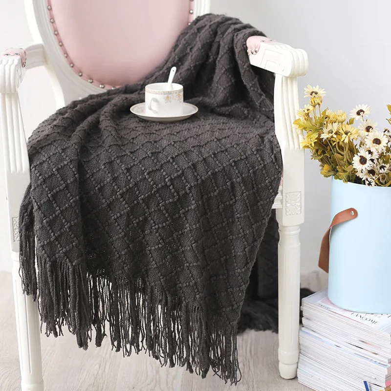 

Knitted Throw Travel Blanket Tassels Air Condition Blanket Diamond Acrylic Grey Yellow Black Grey Sofa Throw Blanket