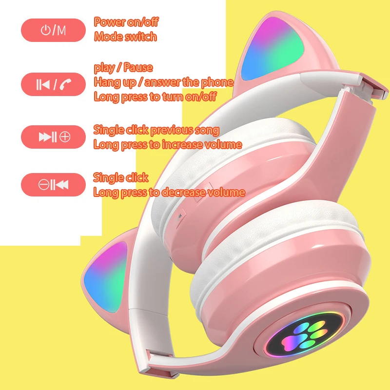 Беспроводные наушники DATA FROG с кошачьими ушками и мигасветодиодный светильник