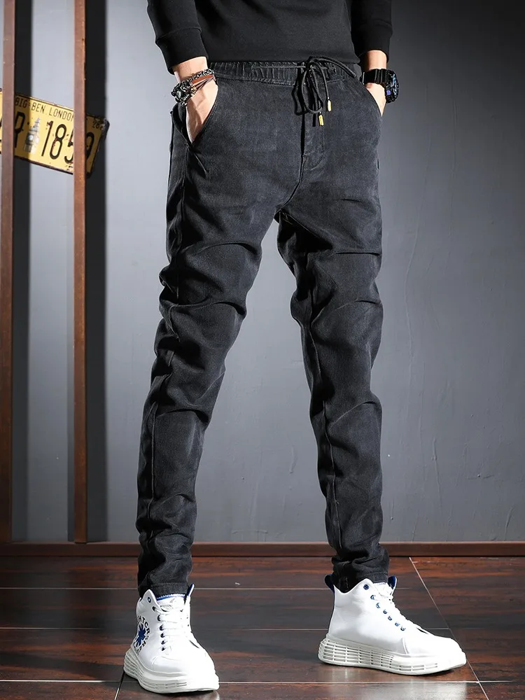 Elastic Waist Jeans Men Slim Fit Casual Pants Fashion Black Jean Mens Streetwear Denim Trousers