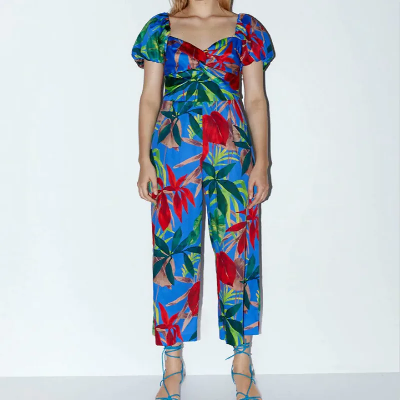 Винтажный шикарный цветочный принт спереди крест галстук комбинезоны Модные