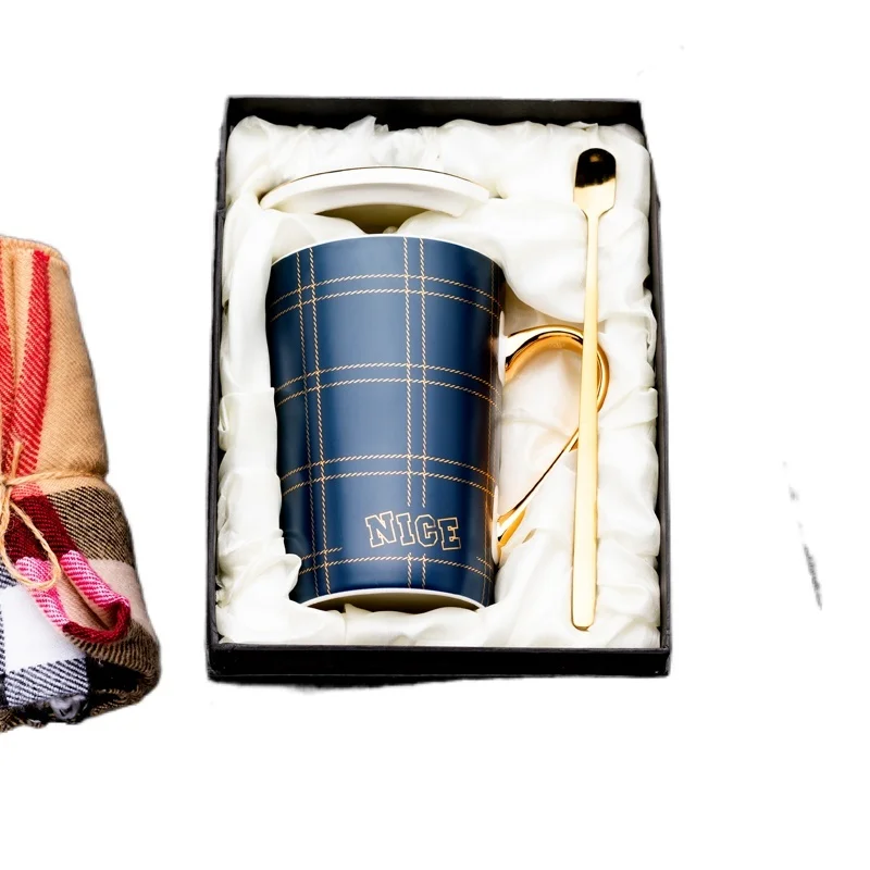 

Nordic Ceramic Water Cup Personality Trend Mug 420ML With Spoon Lid Coffee Milk Tea Drinking Party Home Drinkware